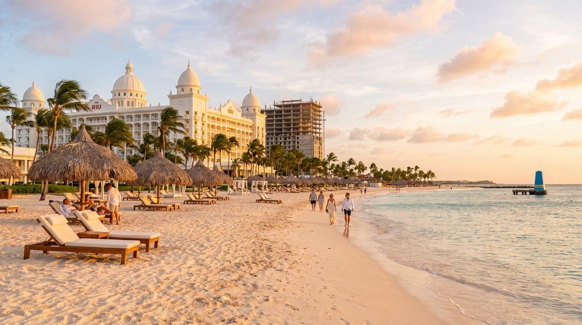 Aruba's Palm Beach resort strip at golden hour