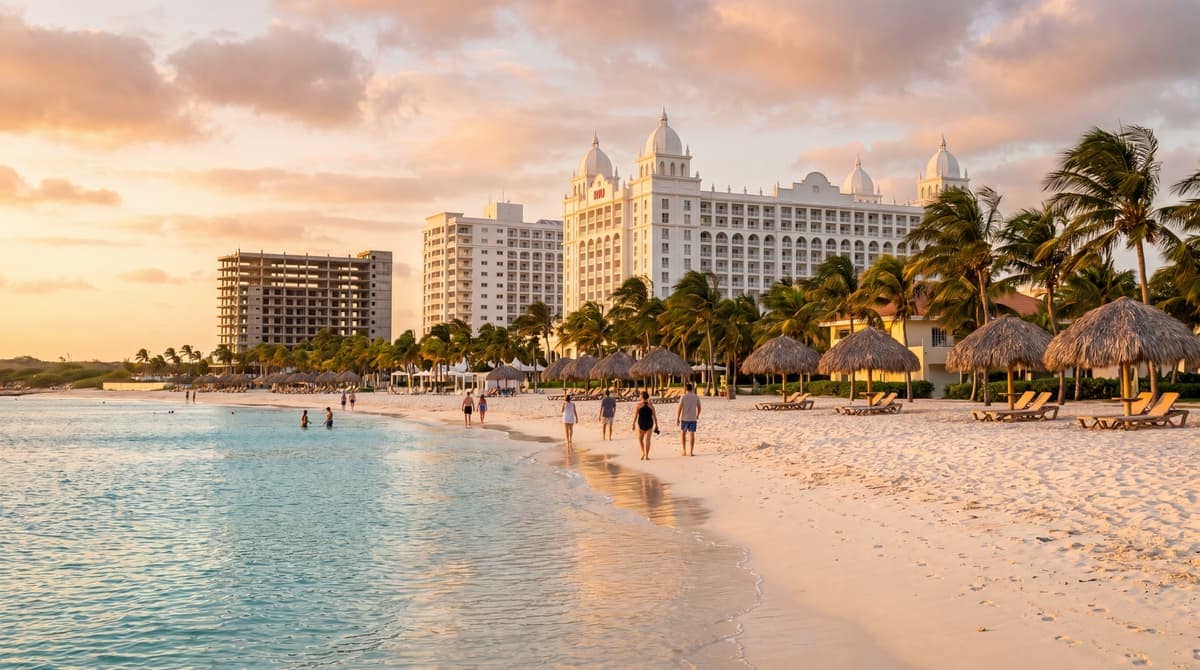 The Palm Beach high-rise resort strip at golden hour, Aruba
