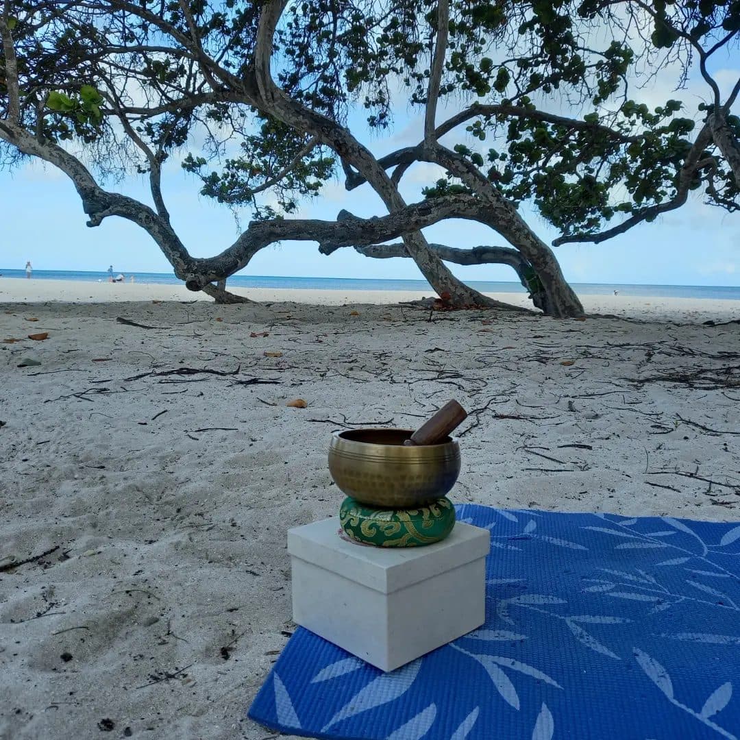 A singing bowl set up on a mat under the fofoti tree on Eagle Beach