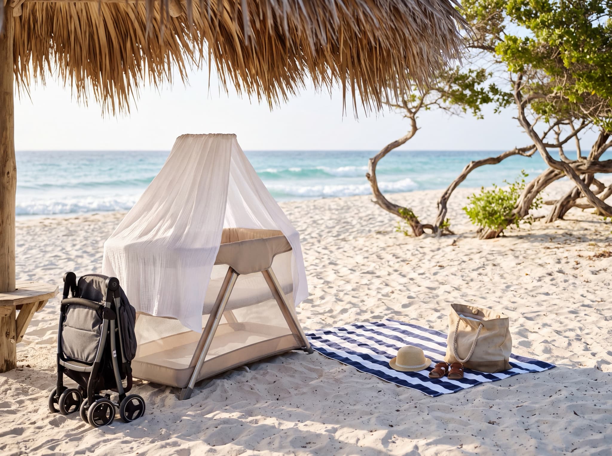 A travel crib and folded stroller set up in the shade of a beach palapa, ready for a family beach day