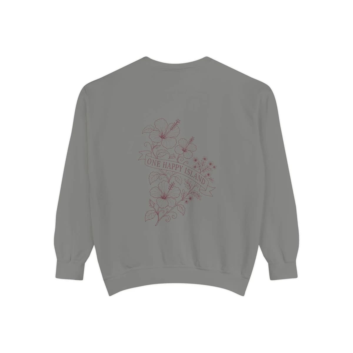 Grey One Happy Island sweatshirt with the original floral banner back print