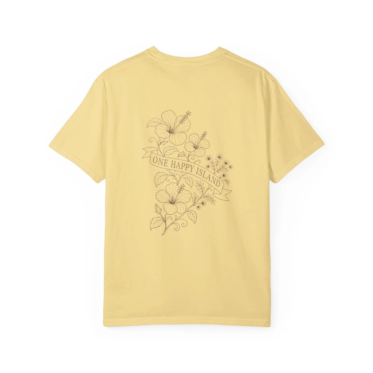 Butter One Happy Island tee with the original floral banner back print