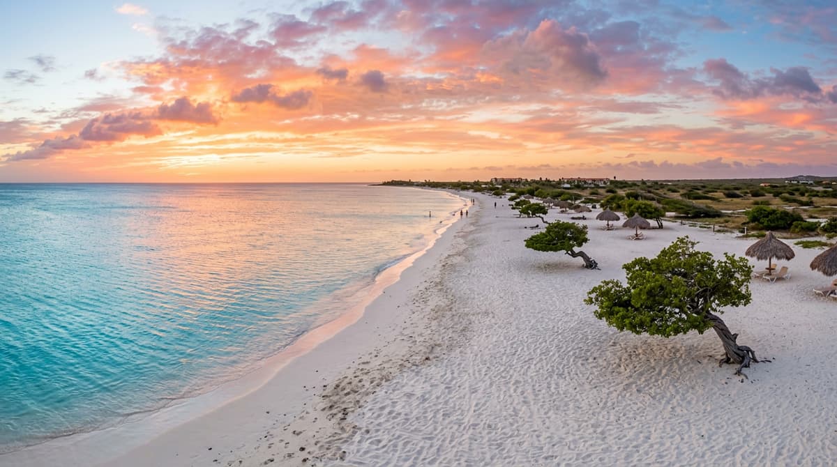 Aerial view of Eagle Beach Aruba with turquoise Caribbean water and white sand