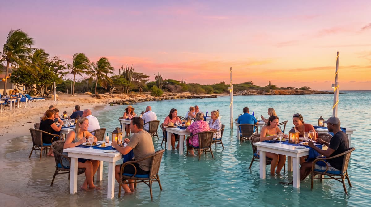 Flying Fishbone, Savaneta, Aruba, tables set in the shallow water at sunset