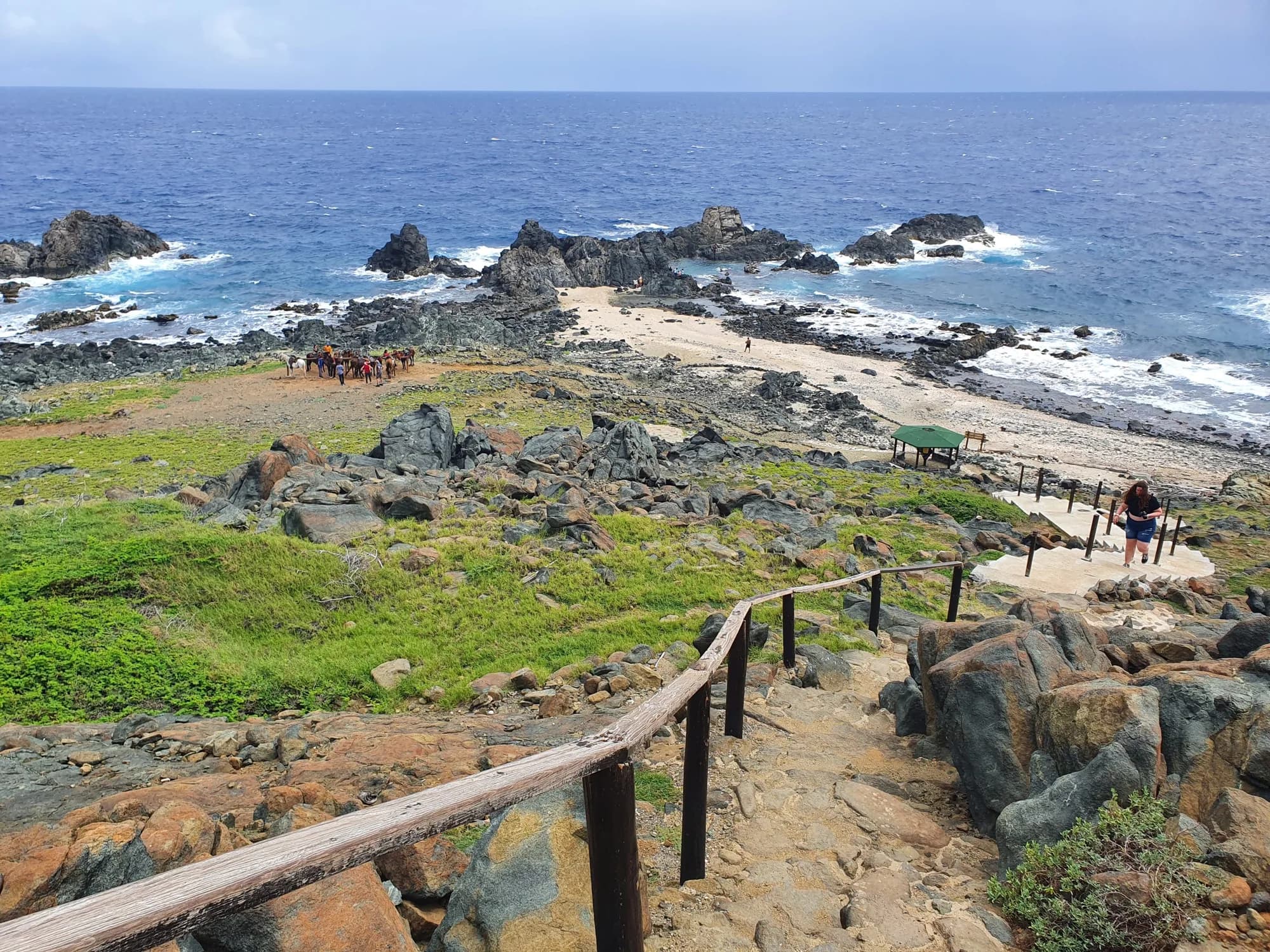 A railed path leading down to a rocky north coast shoreline in Arikok National Park