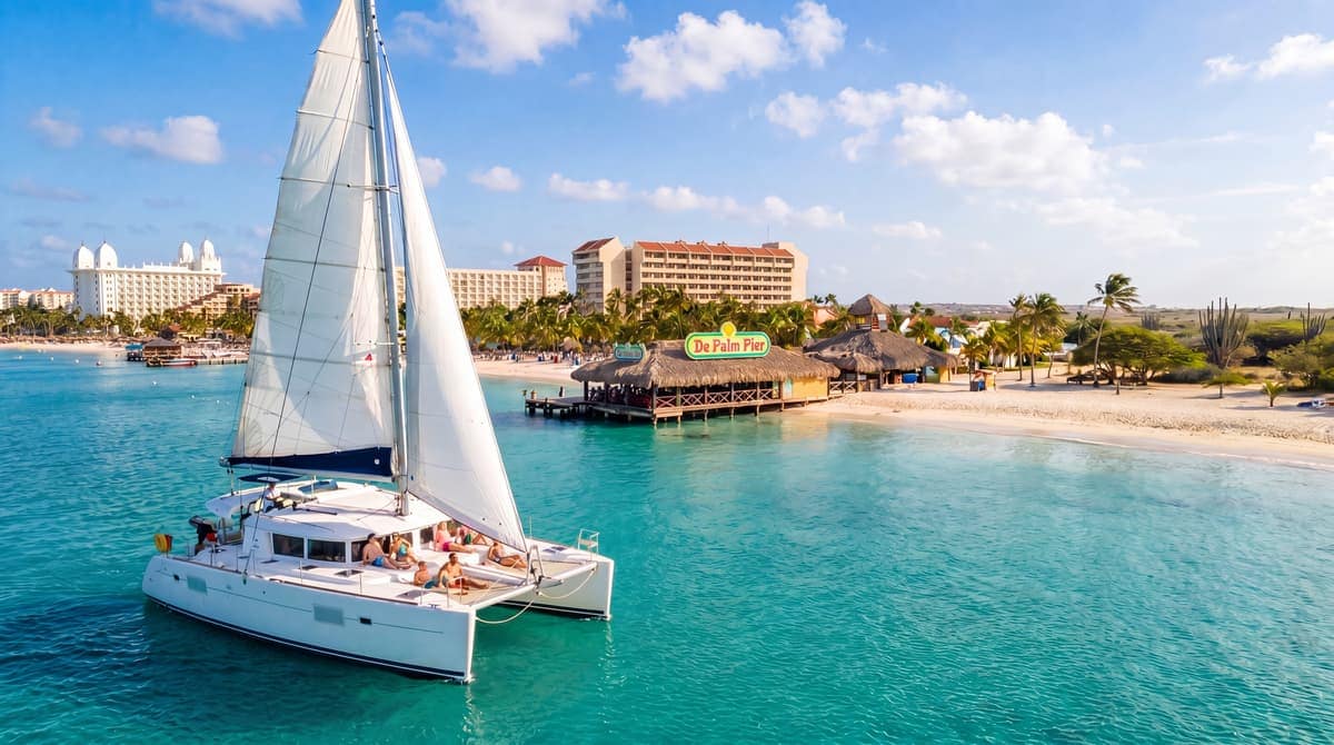 Catamaran under sail on the calm turquoise west coast of Aruba