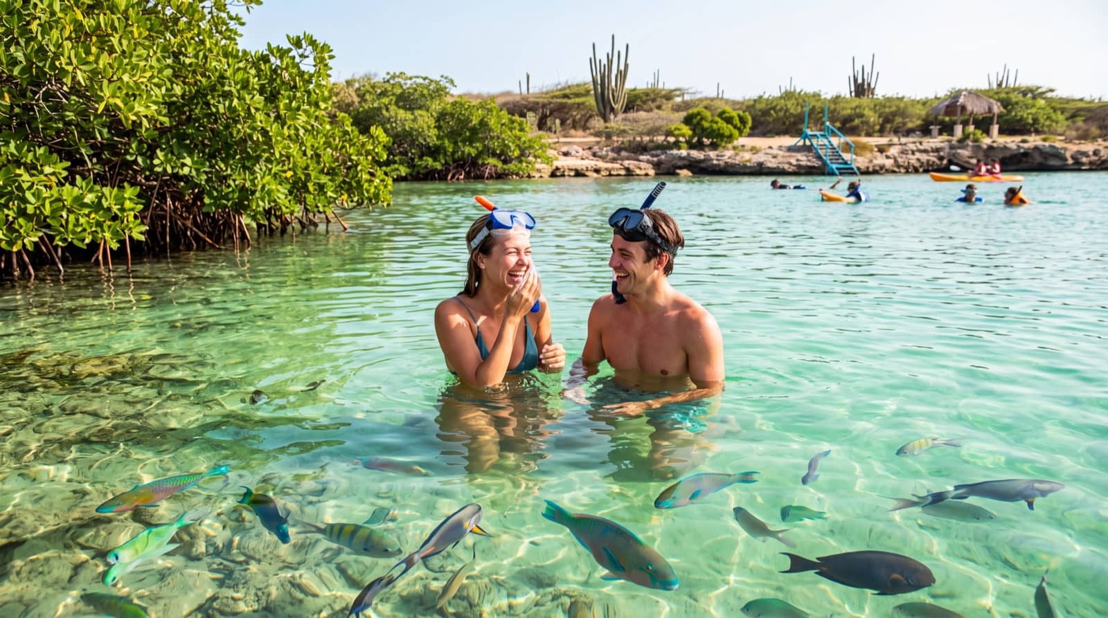 A couple snorkeling in clear turquoise water at Mangel Halto, Aruba