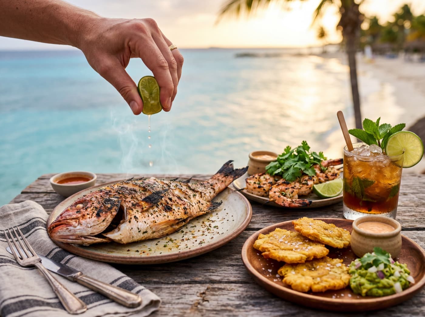 Fresh grilled Caribbean seafood and a rum cocktail on an oceanfront table in Aruba