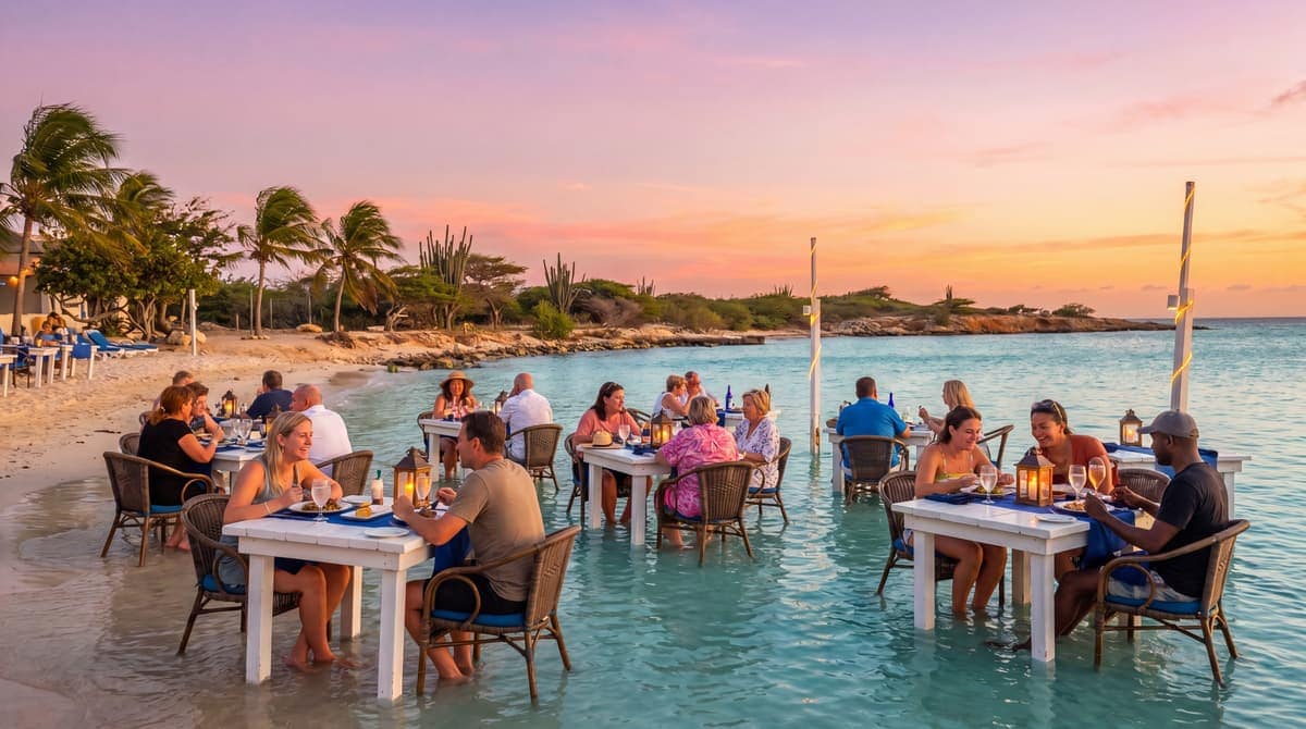 Flying Fishbone, Savaneta, Aruba, tables set in the shallow water at sunset