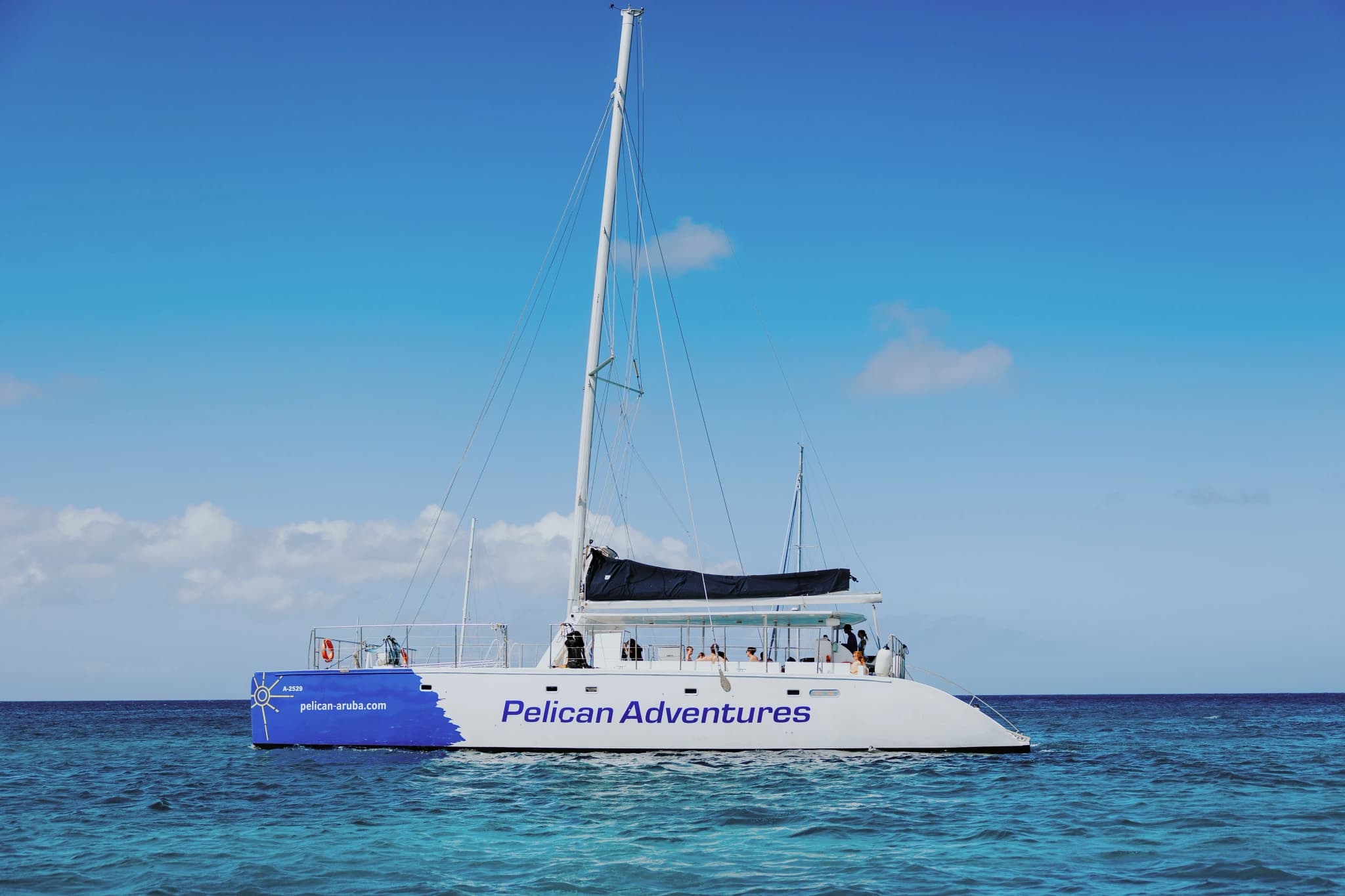 Pelican catamaran on the blue water off Aruba